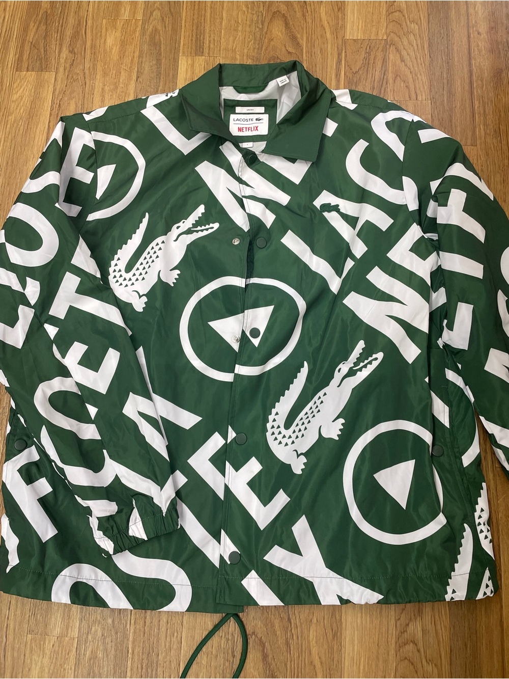 Lacoste Green and White Logo Print Coach Jacket